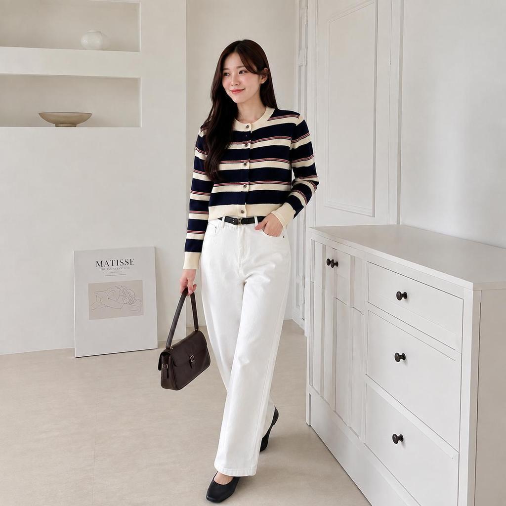 เสื้อคาร์ดิแกนไหมพรม เสื้อคลุมแฟชั่นผู้หญิงแขนยาว ลายทาง cardigan คอกลม ผ้ายืดหยุ่น ใส่สบาย เสื้อกันหนาว อก38-48 นิ้ว
