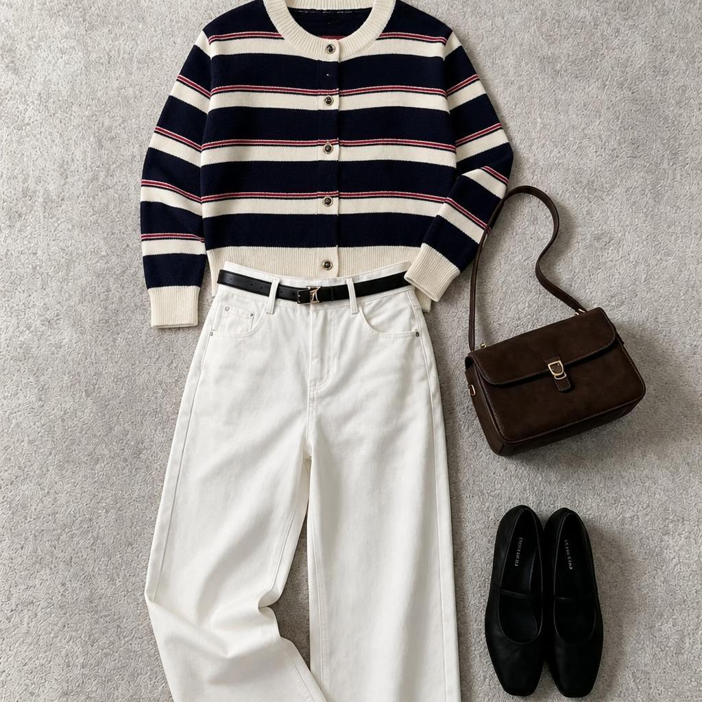 เสื้อคาร์ดิแกนไหมพรม เสื้อคลุมแฟชั่นผู้หญิงแขนยาว ลายทาง cardigan คอกลม ผ้ายืดหยุ่น ใส่สบาย เสื้อกันหนาว อก38-48 นิ้ว