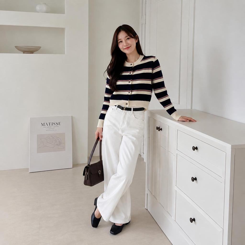 เสื้อคาร์ดิแกนไหมพรม เสื้อคลุมแฟชั่นผู้หญิงแขนยาว ลายทาง cardigan คอกลม ผ้ายืดหยุ่น ใส่สบาย เสื้อกันหนาว อก38-48 นิ้ว
