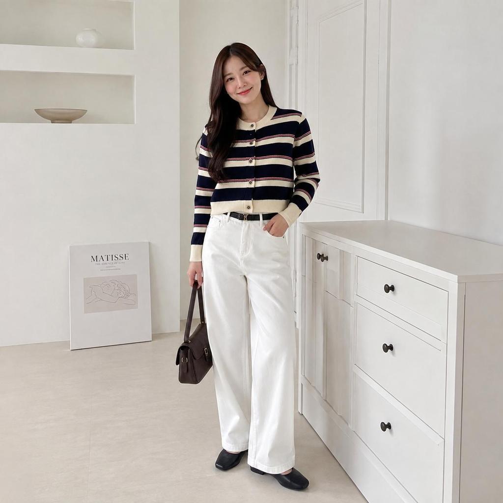 เสื้อคาร์ดิแกนไหมพรม เสื้อคลุมแฟชั่นผู้หญิงแขนยาว ลายทาง cardigan คอกลม ผ้ายืดหยุ่น ใส่สบาย เสื้อกันหนาว อก38-48 นิ้ว