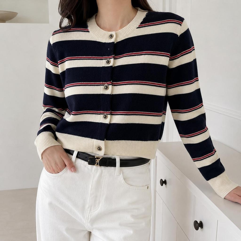 เสื้อคาร์ดิแกนไหมพรม เสื้อคลุมแฟชั่นผู้หญิงแขนยาว ลายทาง cardigan คอกลม ผ้ายืดหยุ่น ใส่สบาย เสื้อกันหนาว อก38-48 นิ้ว