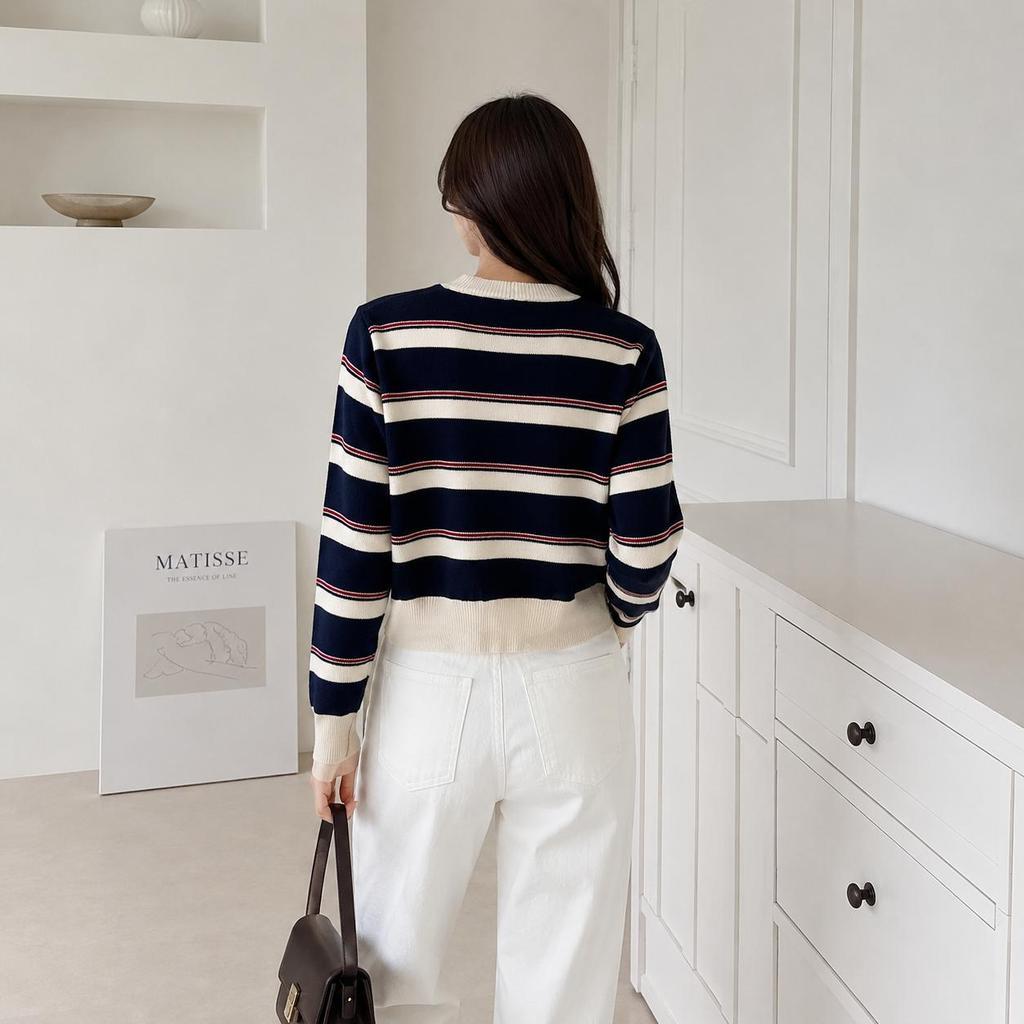 เสื้อคาร์ดิแกนไหมพรม เสื้อคลุมแฟชั่นผู้หญิงแขนยาว ลายทาง cardigan คอกลม ผ้ายืดหยุ่น ใส่สบาย เสื้อกันหนาว อก38-48 นิ้ว