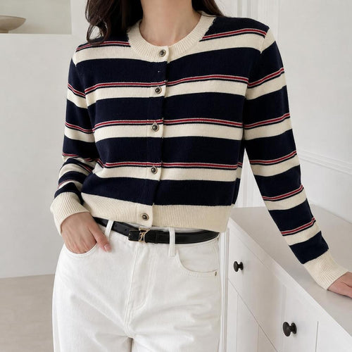 เสื้อคาร์ดิแกนไหมพรม เสื้อคลุมแฟชั่นผู้หญิงแขนยาว ลายทาง cardigan คอกลม ผ้ายืดหยุ่น ใส่สบาย เสื้อกันหนาว อก38-48 นิ้ว