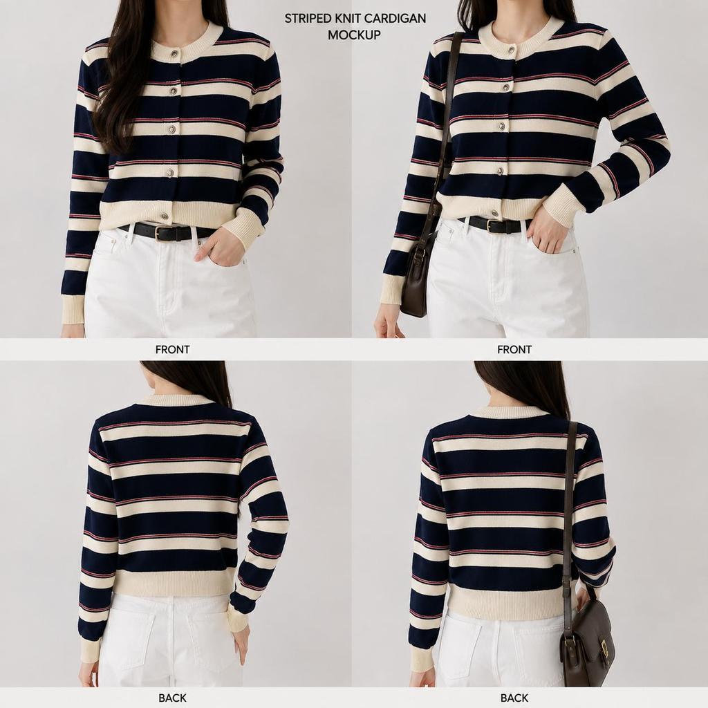 เสื้อคาร์ดิแกนไหมพรม เสื้อคลุมแฟชั่นผู้หญิงแขนยาว ลายทาง cardigan คอกลม ผ้ายืดหยุ่น ใส่สบาย เสื้อกันหนาว อก38-48 นิ้ว